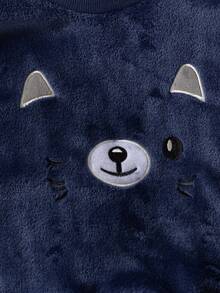 2 piezas Conjunto de pantalón y top de manga larga con cuello redondo y bordado de dibujos animados para niños, forro de franela, otoño/invierno