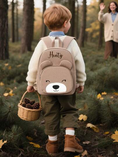 Sac à dos personnalisé en forme d'ours pour enfants de 3 à 6 ans Sac avec nom brodé sur mesure Cadeau mignon en velours côtelé pour Noël, Nouvel An, anniversaire et vacances d'hiver