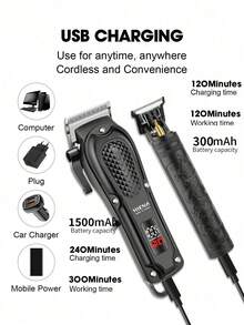 HIENA 2 Pieces Professional Hair Clipper Combination Set, Men's Cordless Hair Clipper With 5 Models And Styles, T9 Blade For Smooth Shaving, USB Charging Port With LED 1500mAh Lithium Battery, The Closest Companion To Accompany Family