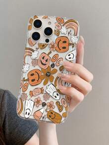 1pc Halloween Pumpkin & Ghost Pattern, Air Cushion Transparent Anti-Fall Phone Protective Case, TPU Material, Suitable As Holiday Gift Compatible With Iphone XS/XS Max/XR/11 12 13 14 15 16 Pro/Pro Max/14 15 16 Plus, Unisex, Also Compatible With Samsung Phones