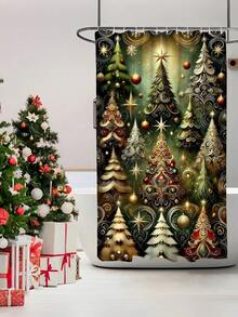 1 pieza/4 piezas Juego de baño de árbol de Navidad verde oscuro, incluye cortina de ducha, alfombra de inodoro, alfombra de baño, etc. Hecho de tela de poliéster impermeable y duradera. Decorado con patrones de árbol de Navidad, estrellas y copos de nieve. Adecuado para agregar un ambiente navideño al baño, especialmente para la temporada navideña.