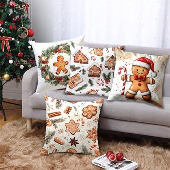 4pcs Christmas Tree, Snowman, Wreath, Gingerbread Man Themed Soft Comfortable Single-Sided Printed Pillow Covers (Inserts Not Included), Suitable For Bedroom, Living Room, Sofa, Christmas Party Decoration