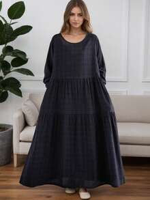 AZAH Áo kiểu Tết Nguyên Đán Trung Quốc 2026, Đầm dài tay cổ tròn dáng rộng xếp ly mùa thu mới, Đầm dáng suông nữ, Đầm đi biển phong cách Bohemian thường ngày, Đầm cơ bản, Đầm liền thân, Đầm dài mùa thu thanh lịch màu đen - màu đen - Xem 10