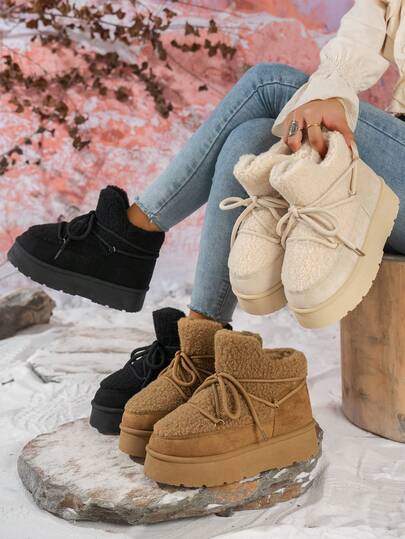 Women's Fashion 2025 Winter British Style Platform Round Head Leisure Snow Boots, The Upper Is Designed With Imitation Fur, And The Interior Is Made Of Lamb Wool. There Are Black Beige Camel Color For Warmth And Comfort, Women's High-End Outdoor Work Light Anti-Skid Boots, Women's Home Must Keep Warm Lace-Up Boots, Halloween Female College Students' Outdoor Sports Slim Versatile Heightened Snow Boots,