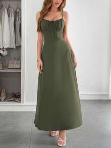 PoPoHouse 女士长裙，优雅性感波西米亚风沙滩度假纯色派对吊带裙，情人节女装，春夏女装 - 軍綠色 - 查看 4