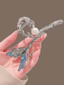 1pc Women's Blue Metallic Hair Claw Barrette With Faux Pearl, Elegant Hair Clip For Bun, Mermaid Princess Style Hair Clips Hair Jaw Clip Hair Clamps Hair Clutch Hair Catcher Clip, Claw Clip - 藍色 - 查看 4