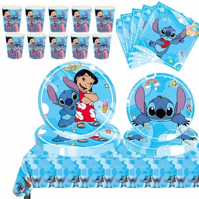 史迪奇主题生日派对一次性餐具、盘子、杯子和纸巾。非常适合露营、野餐、户外烧烤和节日派对装饰。是返校派对用品、派对礼品和婚礼季的完美之选，专为粉丝派对设计。