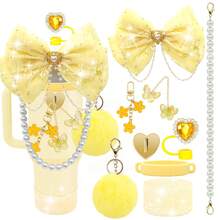 QY Bling Cup Accessories For 40/30/20 Oz Tumbler With Handle Including Glitter Bow Straw Topper, Heart Straw Cover, Pearl Water Bottle Handle Strap, Boot, Pom-Pom, Keychain Charms(Yellow) 2216 - 黃色 - 查看 7
