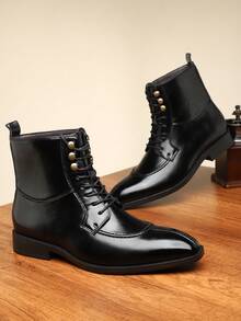 1 双男士高帮布洛克商务休闲皮靴，新款时尚复古尖头高筒靴 - 黑色 - 查看 3