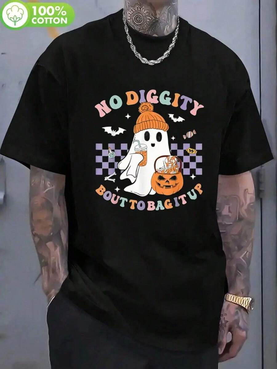 No Diggity Bout To Bag It Up Halloween T-Shirt - Funny Halloween Saying With Cute Ghost & Pumpkin Graphic - Soft Breathable 100% Cotton Tee For Costume Parties, Couples, Pet Lovers - Lightweight Everyday & Party Shirt (Sizes S-XXL, Black) - Spooky Apparel Gift For Men & Women, Casual Wear, Playful Design, Comfortable Fit,Nightmare Before Christmas,Christmas,Halloween Costumes,Funny T Shirts,Summer Outfits,Thanksgiving Day,Men Graphic Tees,Streetwear Men - màu đen - Xem 1