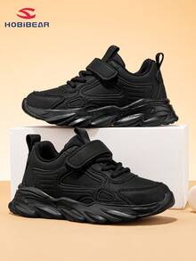 HOBIBEAR HOBIBEAR Teens' Sports Shoes, All Black Unisex Barefoot Shoes, Wide Toe Box, Comfortable Walking Shoes, Hook And Loop Closure, Rubber Sole, Non-Slip, Breathable, Easy To Wear, Suitable For All Seasons, School Shoes