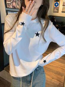 女式休闲卡通星星印花圆领修身短款长袖 T 恤，时尚百搭，春秋季 - 白色 - 查看 9