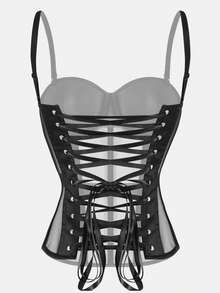 1pc Sheer Mesh Wrap Bustier Top, Sexy Strapless Satin Lace-Up Bodysuit Crop Top, Suitable For Women's Outings/Halloween Party - Black - View 2