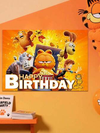 GARFIELD 加菲猫主题慵懒肥猫卡通生日背景布,庆典家庭聚会派对场景装饰横幅,职场装饰拍照背景板横幅,生日派对拍照背景,派对活动装饰背景布,圣诞节,万圣节,儿童节,家庭聚会