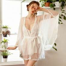 UPVV Women Sexy Lingerie Babydoll & Lace Kimono Robe With Butterfly Sleeves Sheer Chemise Sleepwear Mesh Nightgown With Belt  Plain  Sheer  Belted  Sexy  Casual-Young  Lace  Long Sleeve  Long  See Through Robe - 白色 - 查看 6