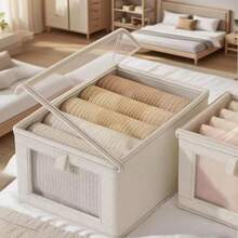 1pc Oxford Cloth Windowed Lidded Storage Box, Fabric Organizer Box For Clothes, Household Desktop Storage Container