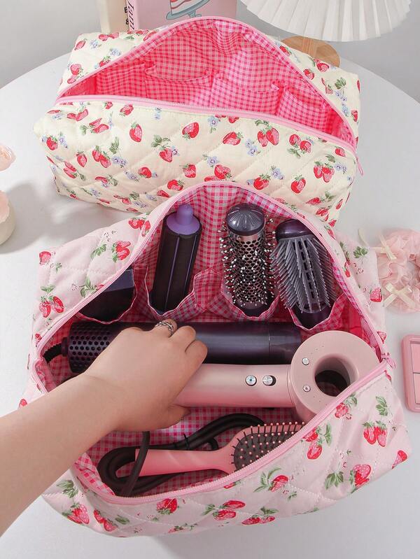 1 Peça Bolsa de Armazenamento Acolchoada para Secador de Cabelo com Estampa de Laço de Morango Fofa, Design de Múltiplos Bolsos, Bolsa de Transporte e Armazenamento para Ferramentas de Cabeleireiro, Ótima para Casa e Viagem, Bolsa de Armazenamento de Cosméticos, Artigos de Toalete, Essenciais de Viagem, Presentes para Mãe, Madrinhas e Férias