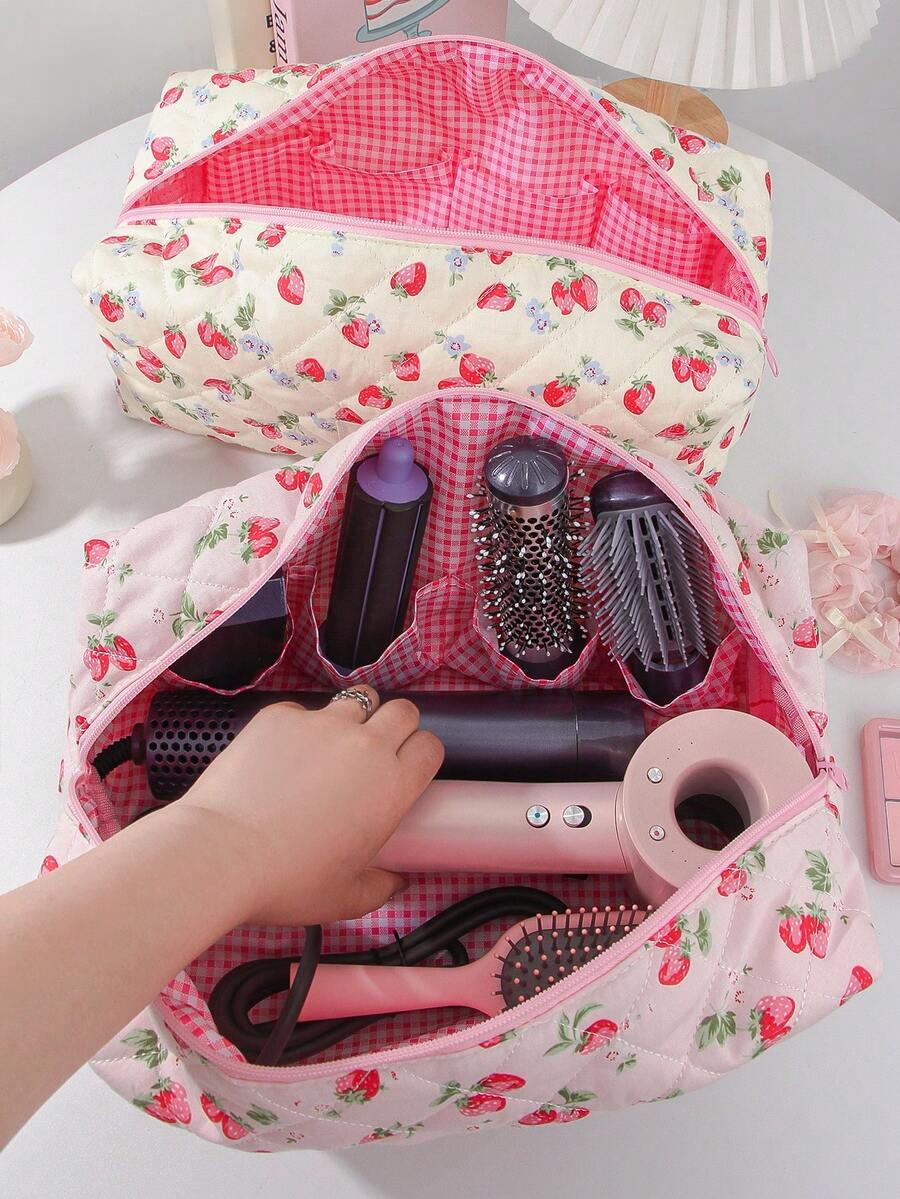 1 Peça Bolsa de Armazenamento Acolchoada para Secador de Cabelo com Estampa de Laço de Morango Fofa, Design de Múltiplos Bolsos, Bolsa de Transporte e Armazenamento para Ferramentas de Cabeleireiro, Ótima para Casa e Viagem, Bolsa de Armazenamento de Cosméticos, Artigos de Toalete, Essenciais de Viagem, Presentes para Mãe, Madrinhas e Férias