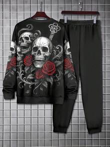 2 piezas Chándal de talla grande para hombres con estampado de rosa esqueleto - Sudadera + Pantalones, Estilo oscuro negro, Moda callejera - Adecuado para fiesta de Halloween, Ropa de otoño
