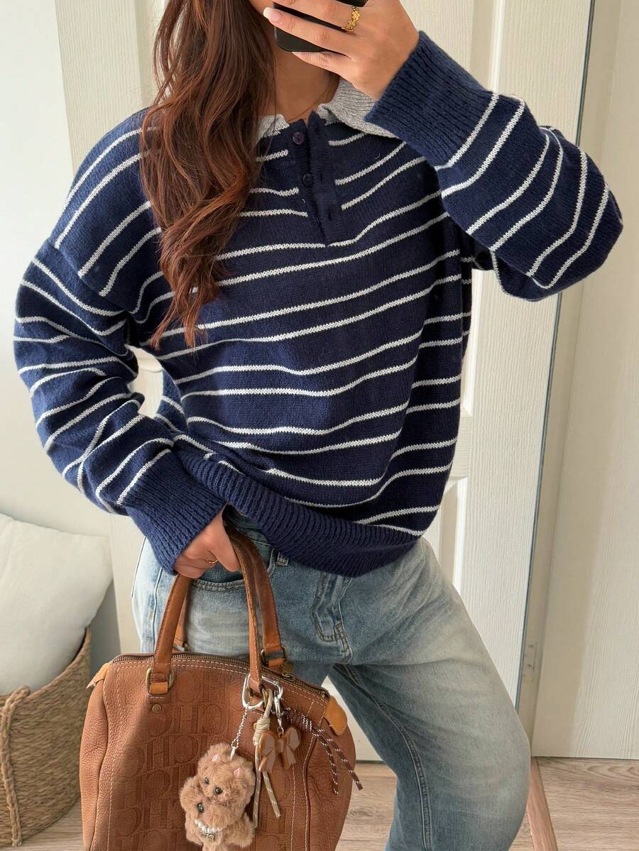 Retro College Style Striped Collar Button-Up Soft & Cozy Sweater - Royal Blue - View 1
