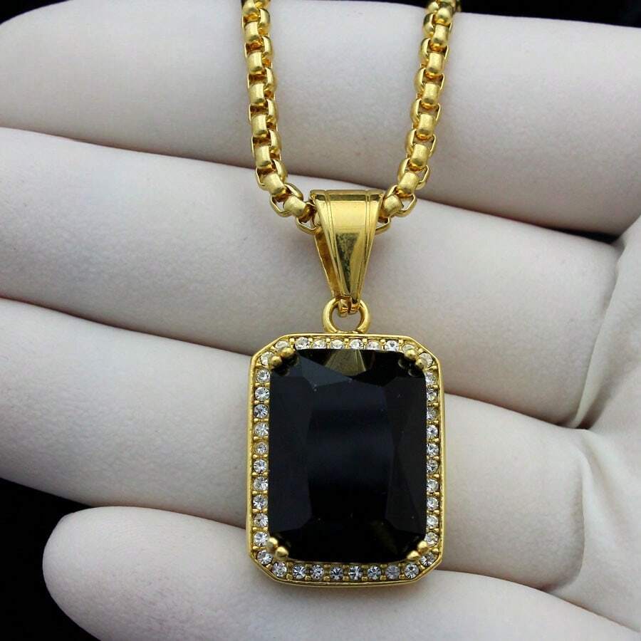 18-36"MEN Stainless Steel 3mm Silver/Gold Plated Box Chain Rhinestone Pendant - 金色+黑色寶石 - 查看 1