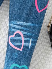 Young Girls Tie-Dye Flare Sleeve Round Neck Top + Heart Print Slim Fit Pants Set