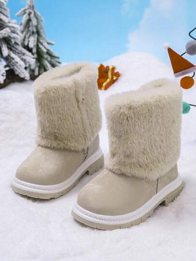 1 双婴儿毛绒保暖平底雪地靴，适合秋冬季日常户外穿着