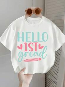 Girls' First Grade Celebration T-Shirt - Hello 1st Grade Graphic Tee With Pink Hearts - Black Shirt For 5-14 Year Olds - First Day Of School Outfit - Cute Birthday Party Casual Everyday Top, First Grade Shirt, Playful Design, Medium Stretch Fabric - 白色 - 查看 2