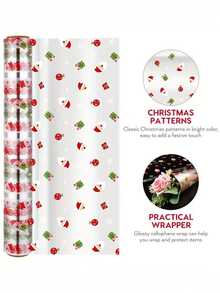 Rouleau d'emballage cellophane de Noël - Épaisseur de 2,5 mil, motifs festifs pour cadeaux, paniers, bonbons et artisanat, transparent, 39,88 cm x 30,48 mètres