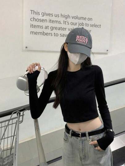 娇小黑长袖T恤女2025春秋季新款韩版圆领休闲套头上衣