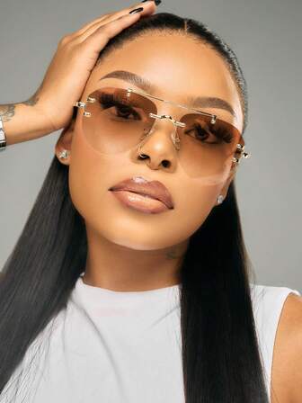 1pc Metal Double Beam Glasses Toad Glasses Frameless Personalized Fashion Glasses Versatile Elegant Casual Women's Glasses Suitable For Daily Wear Street Photography Vacation Travel Summer Beach Accessories Women's Accessories Back To School Wear Festivals/Birthdays/Girlfriend Gifts