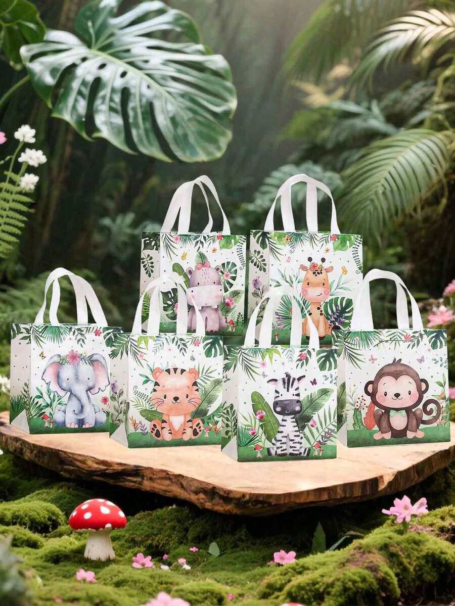 6/12 Peças Sacolas de Presente Aleatórias, Sacolas de Presente para Festa na Selva, Sacolas Não Tecidas, Sacolas de Compras com Estampa de Animais da Floresta, Sacolas de Embalagem de Presentes de Suprimentos de Escritório, Presentes de Festa, Sacolas de Presente e Suprimentos para Festa de Aniversário