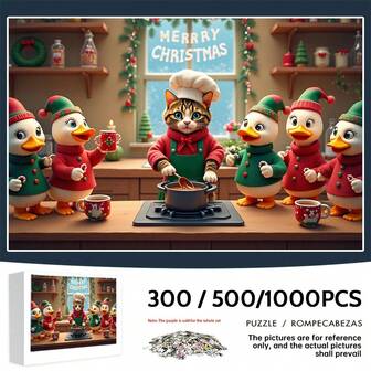 1000/500/300pcs Adult Jigsaw Puzzle, Christmas Cats & Ducks High Difficulty Mega Puzzles, Quality Thick , Fun & Creative To Improve Thinking Ability, Home DIY Decor To Enhance Atmosphere, Interactive Intellectual Puzzle, Brain Challenge Hobby, Artistic Decor Painting Without Frame, Perfect Gift For Birthday, Halloween, Thanksgiving