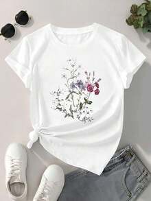 Camiseta casual con estampado floral ,Camiseta informal de algodón de verano para mujer, manga corta, cuello redondo, 220 g/m2 (1 pieza) - Blanco - Ver 2