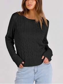 White Women's Long Sleeve Knit Solid Color Casual Ribbed Beach Sweater - Black - View 2