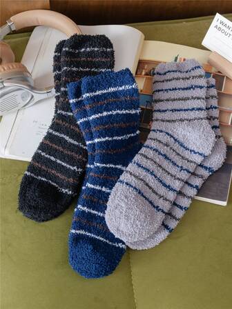 3 pares de calcetines negros con rayas cómodos para hombres, de unicolor, cálidos, suaves y esponjosos, calcetines de cuarto de tripulación