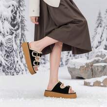 lunryet Women's Fluffy Faux Fur Slippers Comfy Open Toe Two Adjustable Band Slides With Fleece Lining And Rubber Sole Home Shoes PLUSH-1 - màu đen - Xem 4