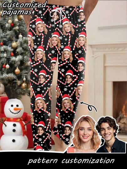 Pantalones de pijama personalizados con estampado navideño para hombres, con patrón negro de bastones de caramelo y copos de nieve navideños, ropa de dormir festiva y divertida, regalo de Navidad ideal para amigos y familiares