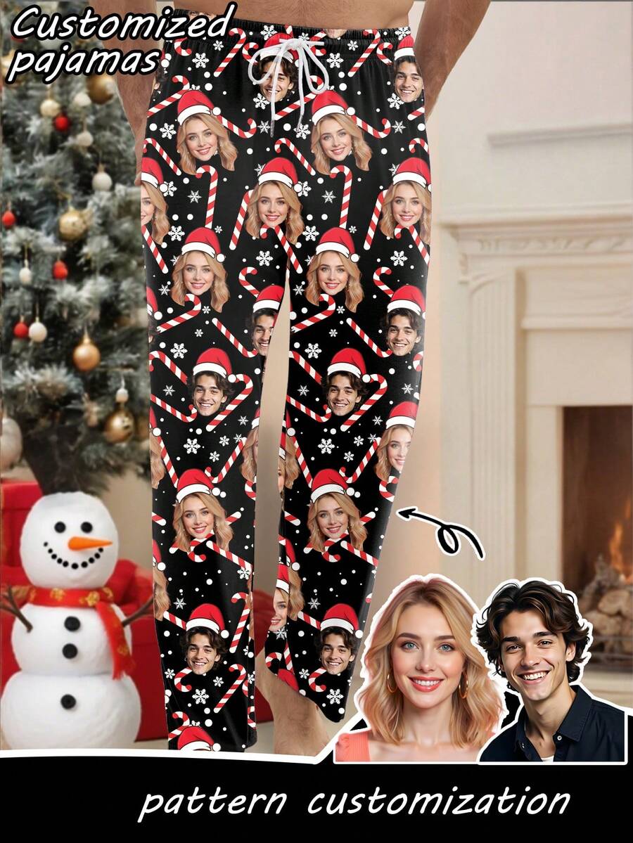 Pantalones de pijama personalizados con estampado navideño para hombres, con patrón negro de bastones de caramelo y copos de nieve navideños, ropa de dormir festiva y divertida, regalo de Navidad ideal para amigos y familiares, invierno