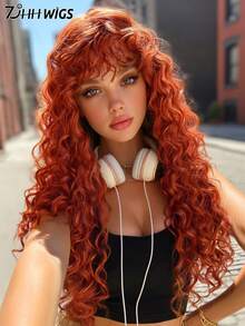 7JHH WIGS 28 Inch Striking Afro Kinky Orange Wigs For Women - Extra Long Loose Deep Wave Wig With Bangs, Synthetic Heat Resistant Fiber Hairpiece For Daily Wear, Music Festivals Celebrations Party Cosplay Use - Costume Wig Accessories - Graduation Gift - Orange - View 2