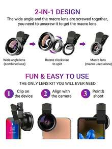 2-In-1 Mobile Phone Macro Lens, 12.5X Macro Lens + 0.45X Wide Angle Lens, Compact Phone Lens, Enhance Shooting Effect, Universal Phone Clip, Convenient To Carry, Suitable For Daily Photography And Travel