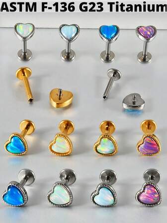 1 pieza Arete de titanio con ópalo en forma de corazón para labio, anillo de rosca interna con ópalo en forma de corazón para cartílago de oreja, trágus, hélix, daith, joyería corporal de 16g