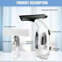Vandise Rechargeable Cordless Window Cleaner, 2-In-1 Electric Squeegee Vacuum With 150ml Water Tank & 300ml Spray Bottle, 280mm Nozzle For Glass, Mirror, Tile, Shower - UK Plug(220-240V) - View 4