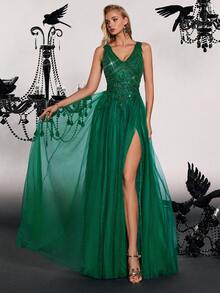 VIPGIRL Vestido de noche formal con cuello en V profundo, abertura alta y tela de malla - Verde - Ver 3