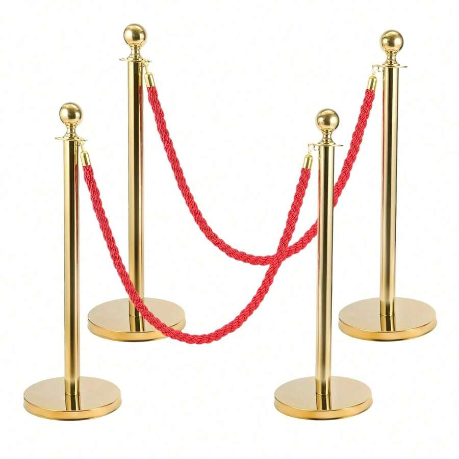 Shoze Queue Barrier Posts Stands 1 Set Crowd Control Stanchions With 1.5M Ropes Heavy Duty Stainless Steel Queue Barrier Posts With Weighted Bases For Events Airports Hotels - Gold Red - View 1
