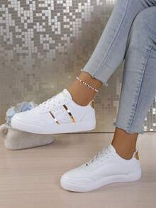 1 Pair Women Round Toe Casual Sneakers, Fashion Flat Lace-Up Comfortable Versatile White Shoes - White - View 5