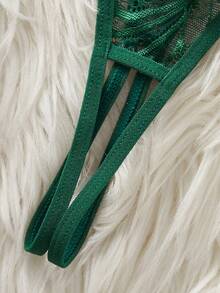 Sexy Women's Lace Underwire Bra With Metal Chain Decor Lingerie Set - 墨綠色 - 查看 5