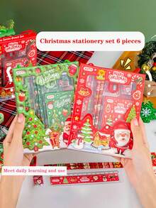 6pcs Christmas Stationery Gift Set, Elementary Student Pencil Case Set, Children's Christmas Small Gift, Daily Learning Stationery Set
