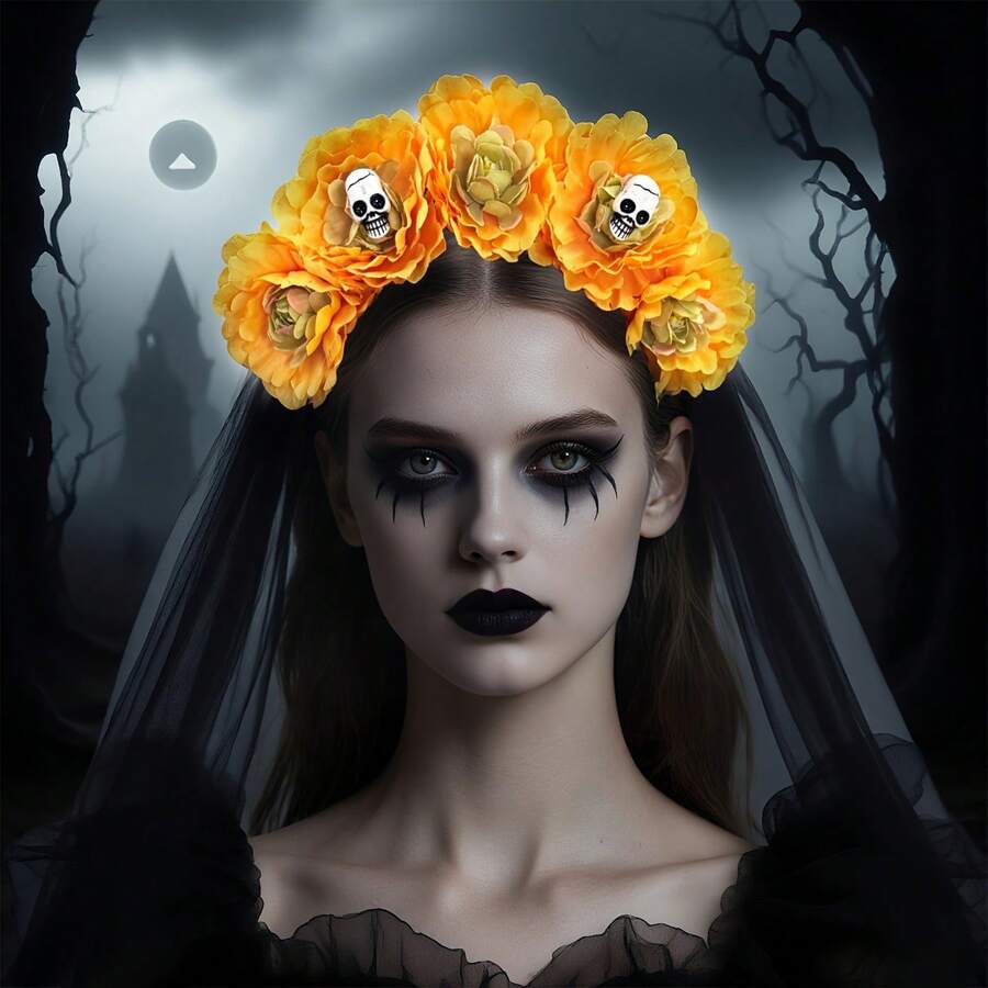 A Halloween Simulated Flower Veil Headband, Black Veil Dress, Day Of The Dead Flower Headdress, Party Horror Headdress Accessories,Fall,Hair,Hair Accessories,Hair Accessories For Women,Travel,Hair Accessories,Accessories Women,Hair Accessory,Hair Accessories Women,Hair Tools,Hair Stuff,Stuff,Beauty Accessories,Gifts,Travel,Gifts For Women,Hair Stuff,Stocking Stuffers
