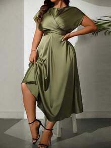 Plus Size Solid Color Tie-Up Horizontal Satin Dress, Elegant Women Clothing For Formal Events And Parties